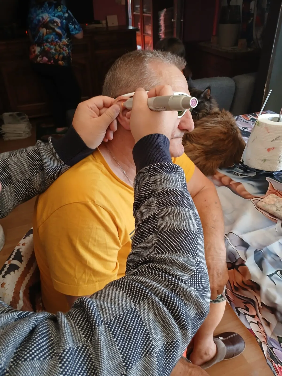 Séance d'auriculothérapie au laser réalisée à domicile